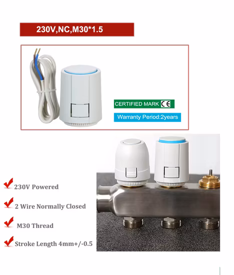 바닥 난방 밸브 Nc AC 230V 바닥 난방 온도 조절기 M30X1.5 용 전기 열 액추에이터 매니 폴드